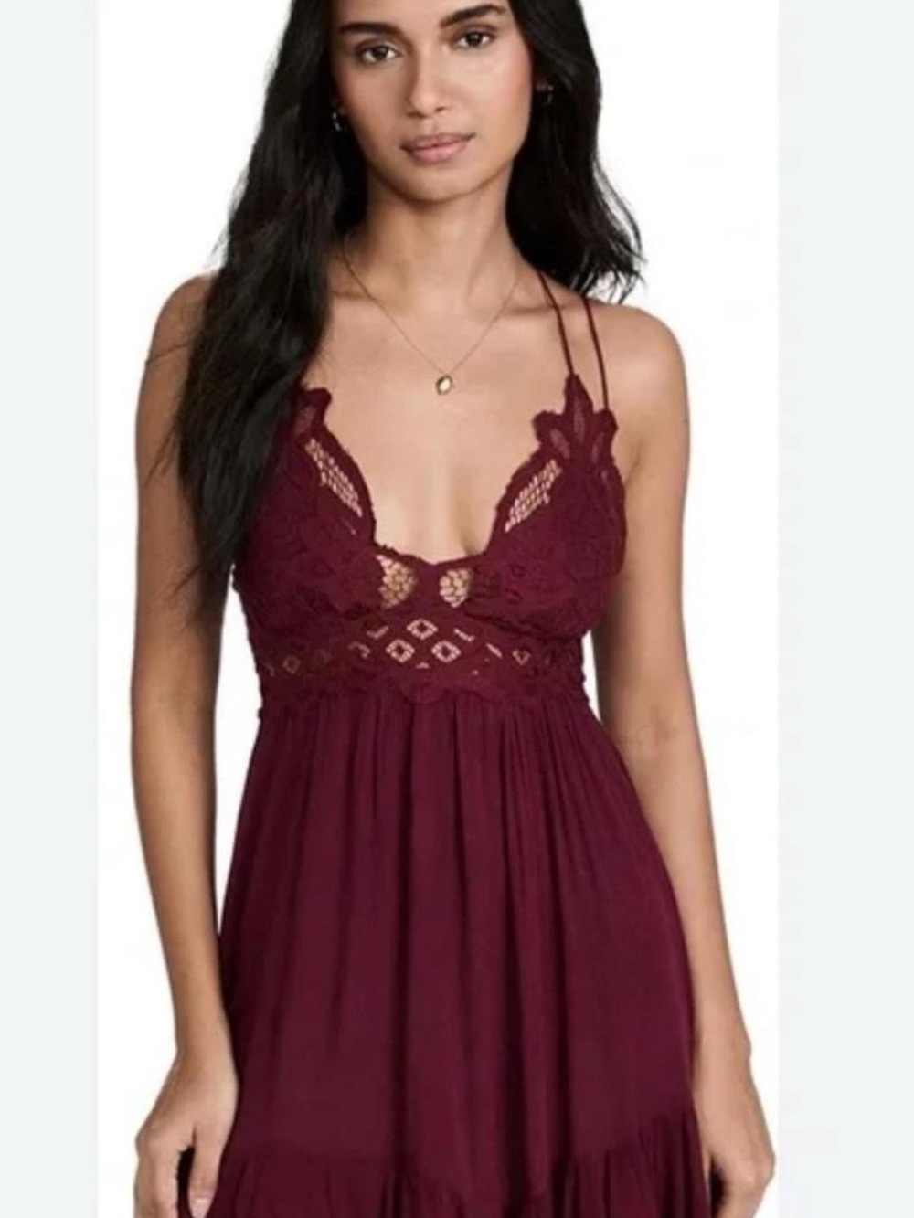 Free People Wine Lace-Trim Slip Dress with Spaghetti Straps